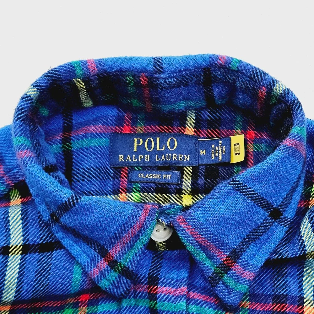 Polo Ralph Lauren Flannel Shirt Mens Medium Blue Plaid Classic Fit Cotton Tartan